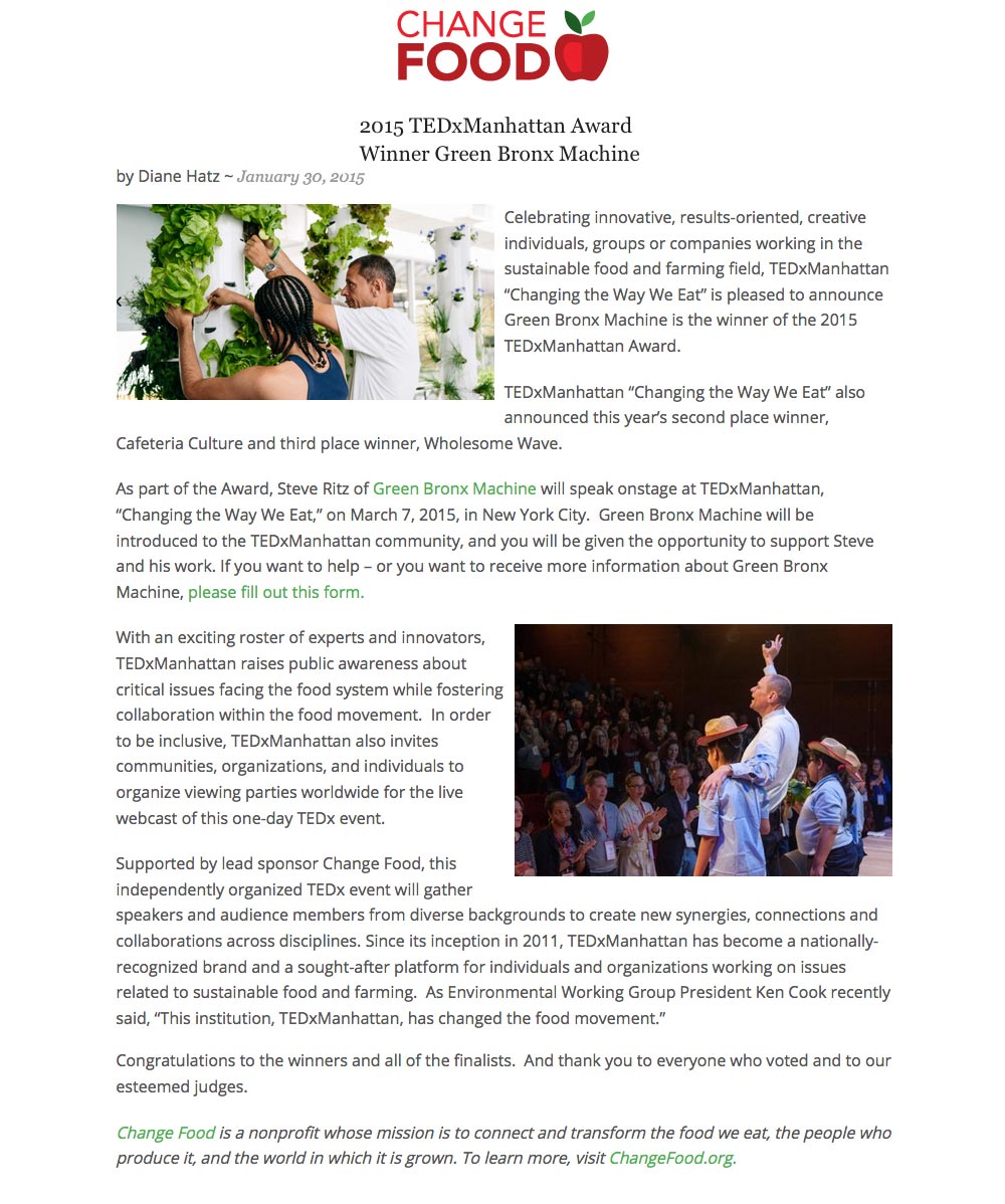 Change Food - 2015 TEDxManhattan Award Winner Green Bronx Machine