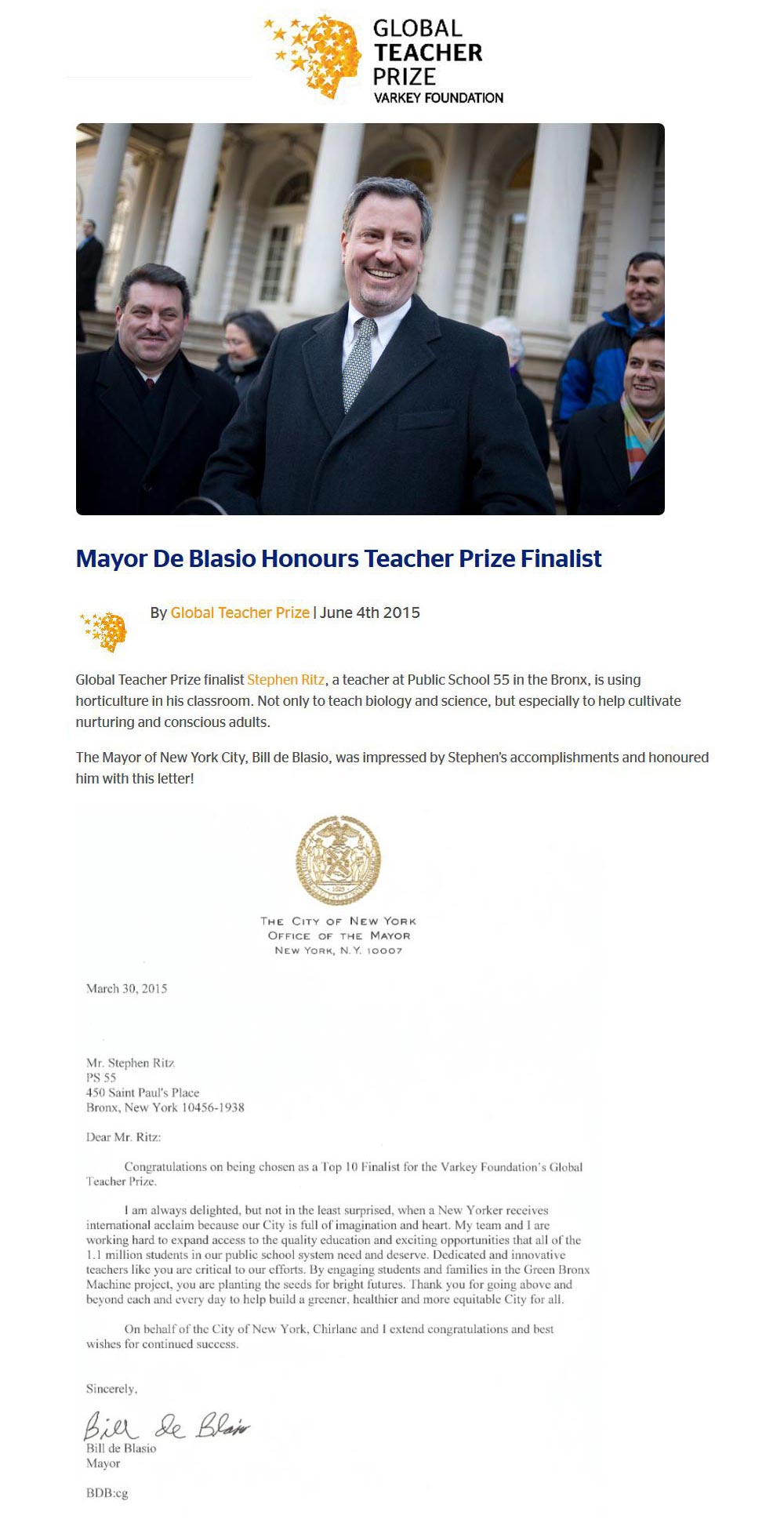 Global Teacher Prize - Mayor De Blasio Honours Teacher Prize Finalist