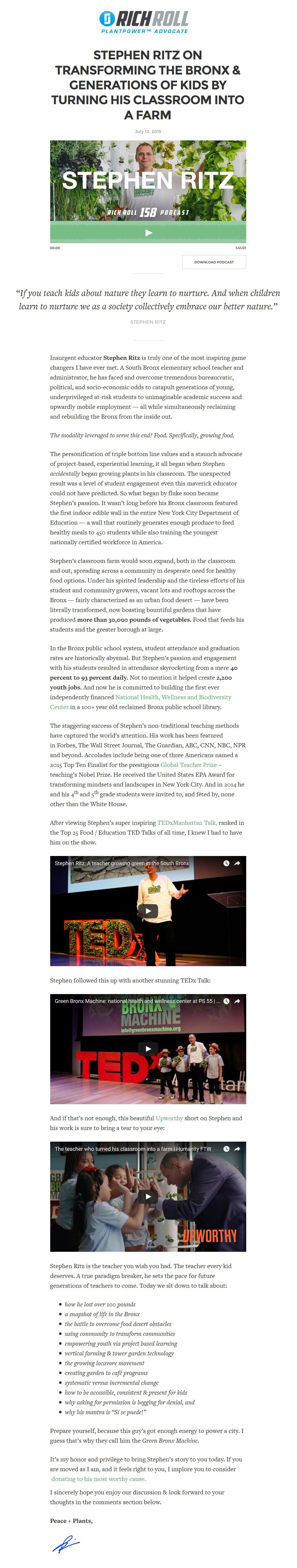 Rich Roll - Stephen Ritz On Transforming The Bronx & Generations Of Kids By Turning His Classroom Into A Farm