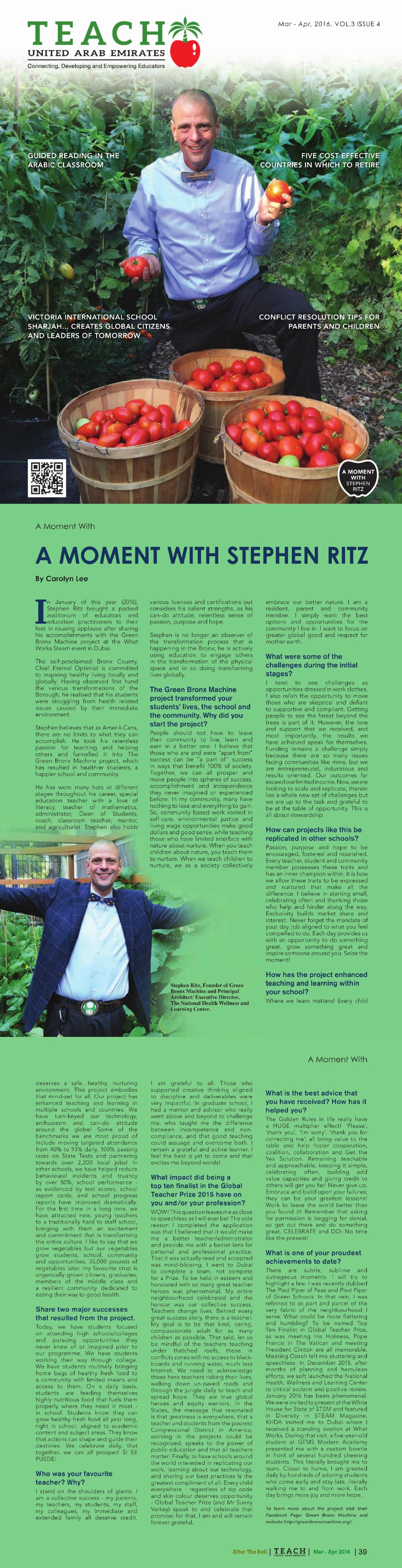 Teach UAE Magazine - A Moment with Stephen Ritz