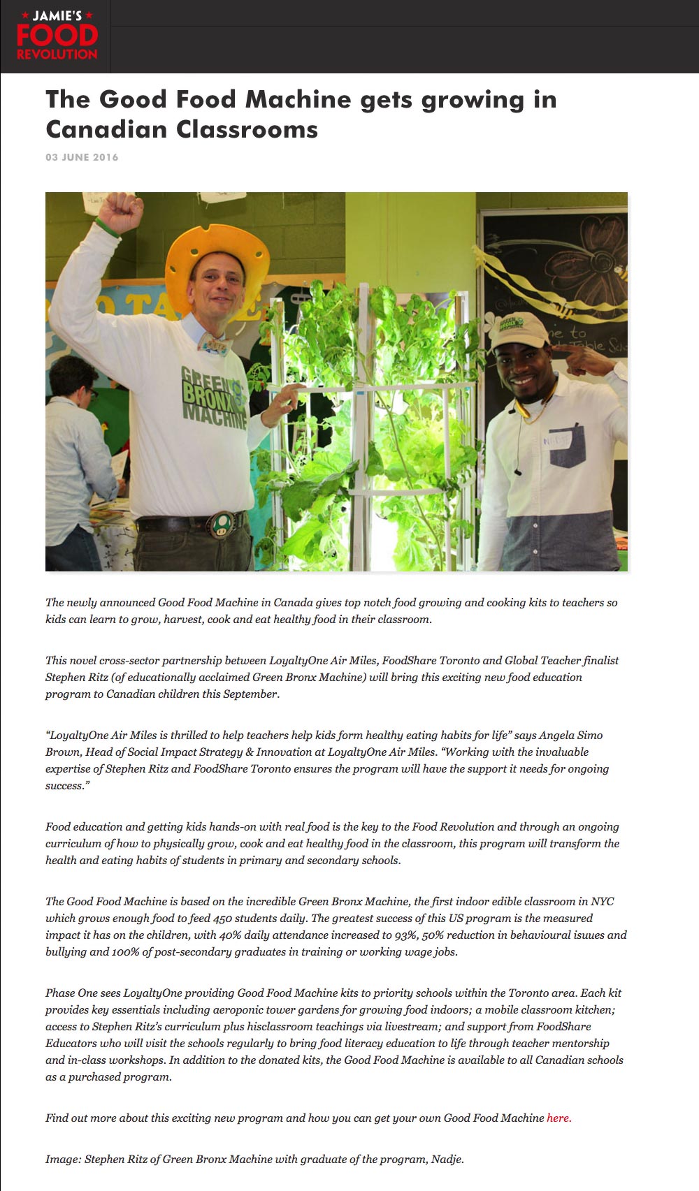 Jamie's Food Revolution - The Good Food Machine gets growing in Canadian Classrooms