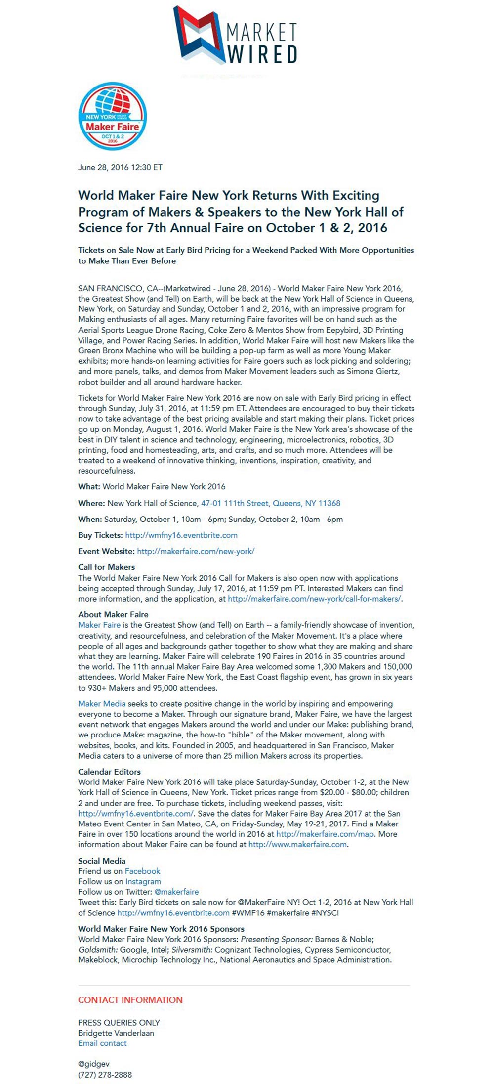 Market Wired - World Maker Faire New York Returns With Exciting Program of Makers & Speakers to the New York Hall of Science for 7th Annual Faire on October 1 & 2, 2016